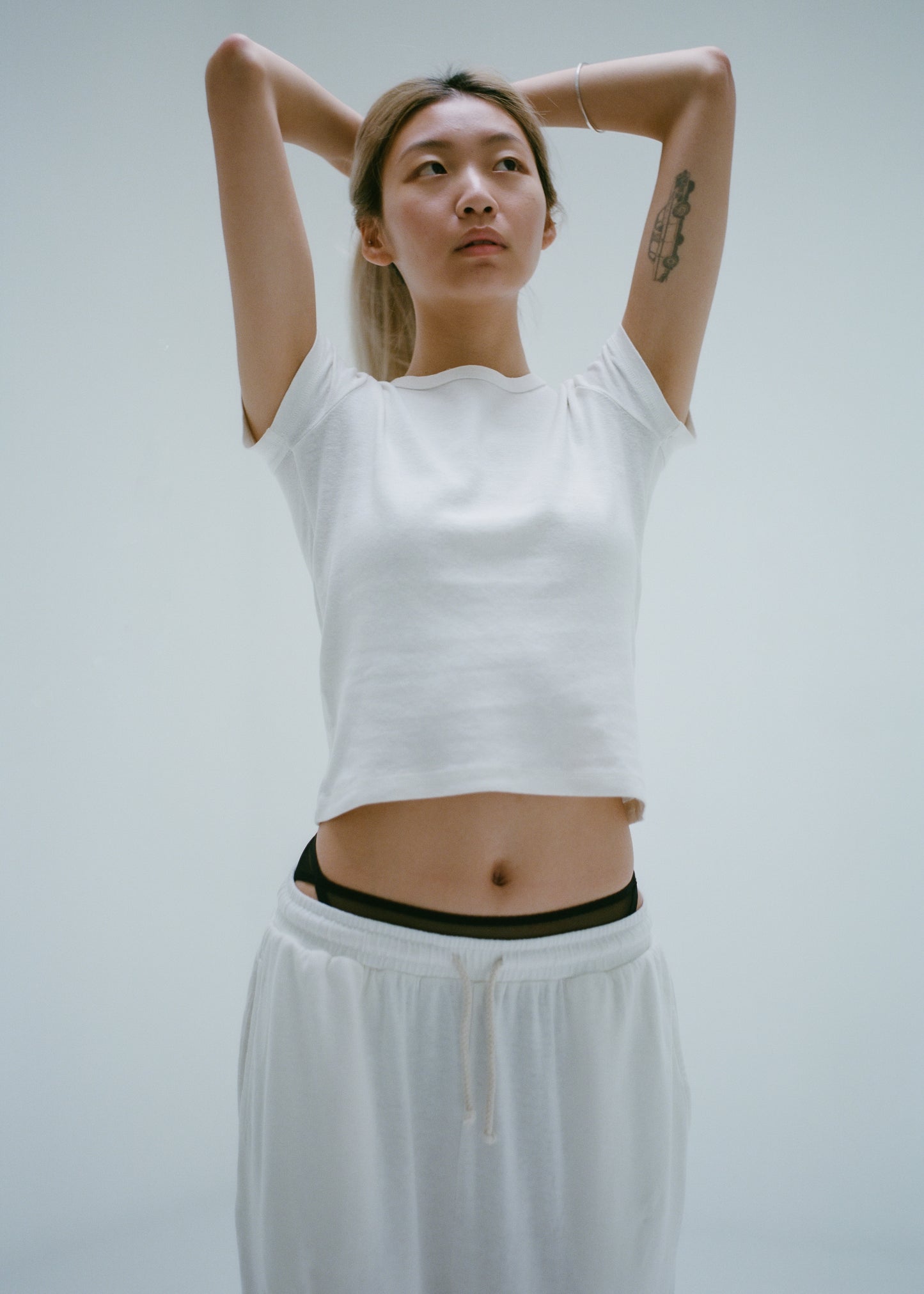 Buddy Hemp Goods Tee Pants Off White On Woman Front Close Up