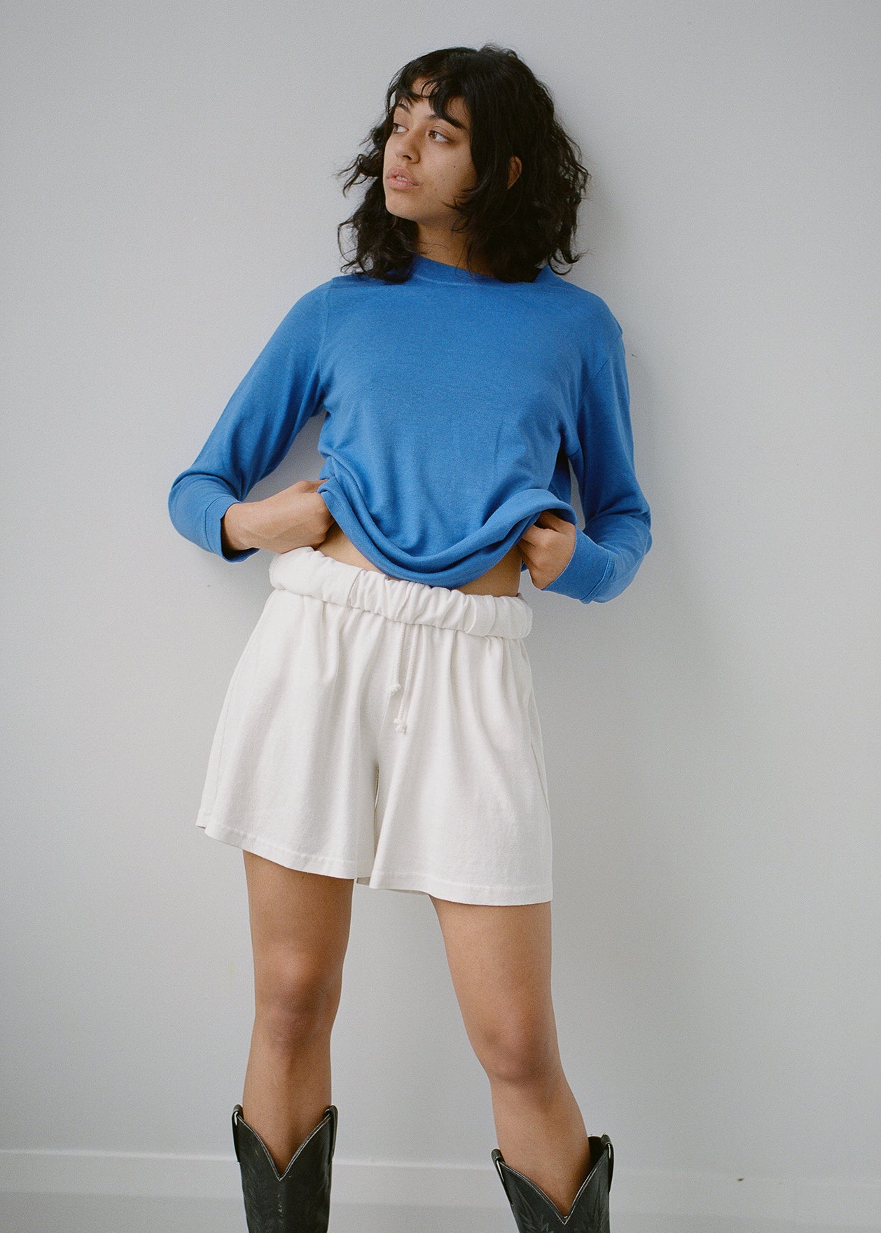 Buddy Hemp Goods Tee Shorts Off White On Woman Standing Front