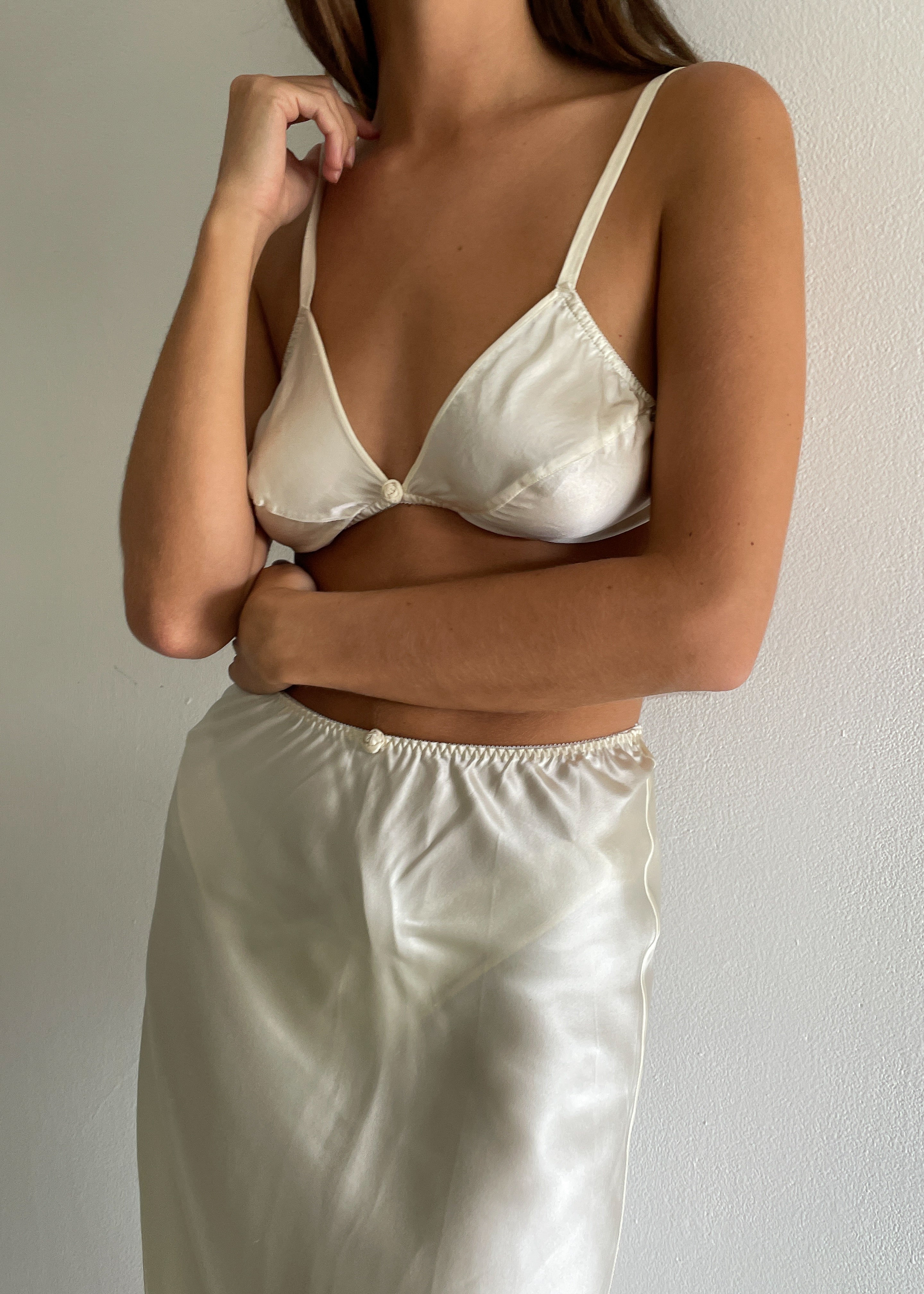 Three-Piece Vintage Silk Lingerie Set - Cream