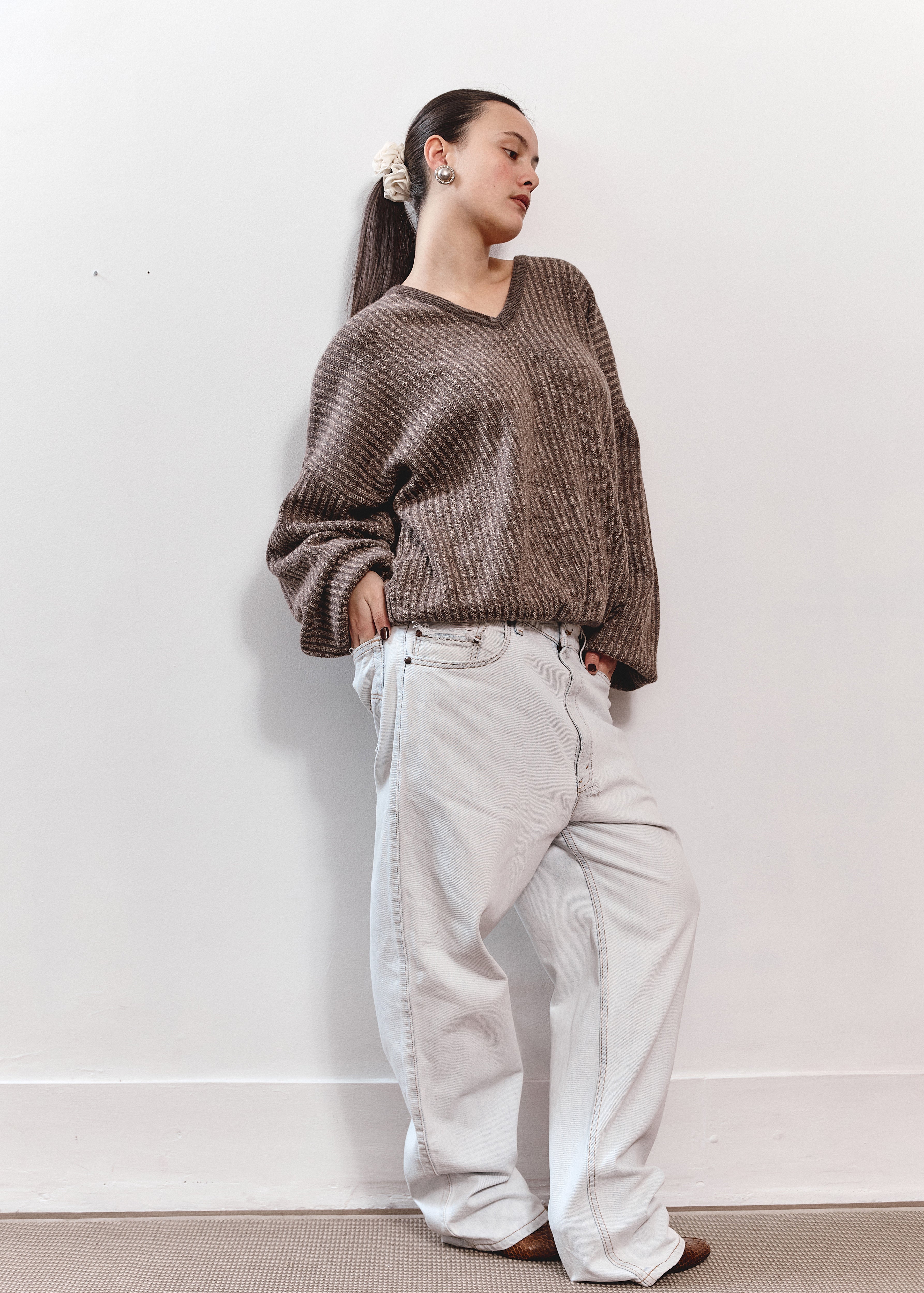 Unique V Neck Knit - Brown Stripe