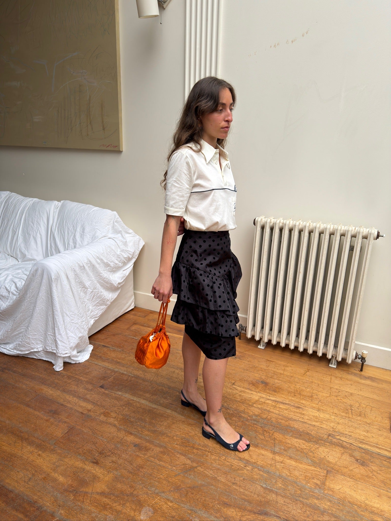 Vintage Ruffle Mini Skirt - Black Polka