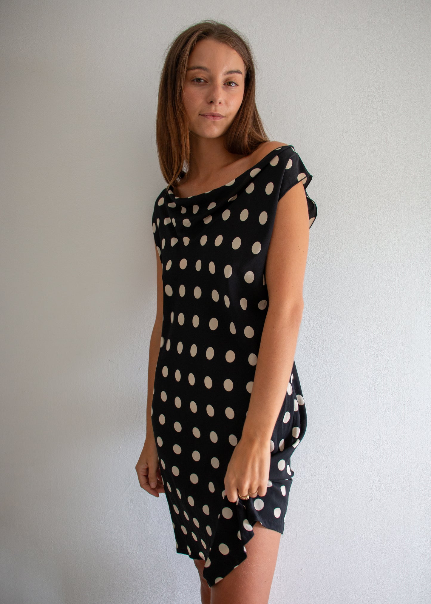 Cowl Neck Midi Dress - Black/Cream Polka