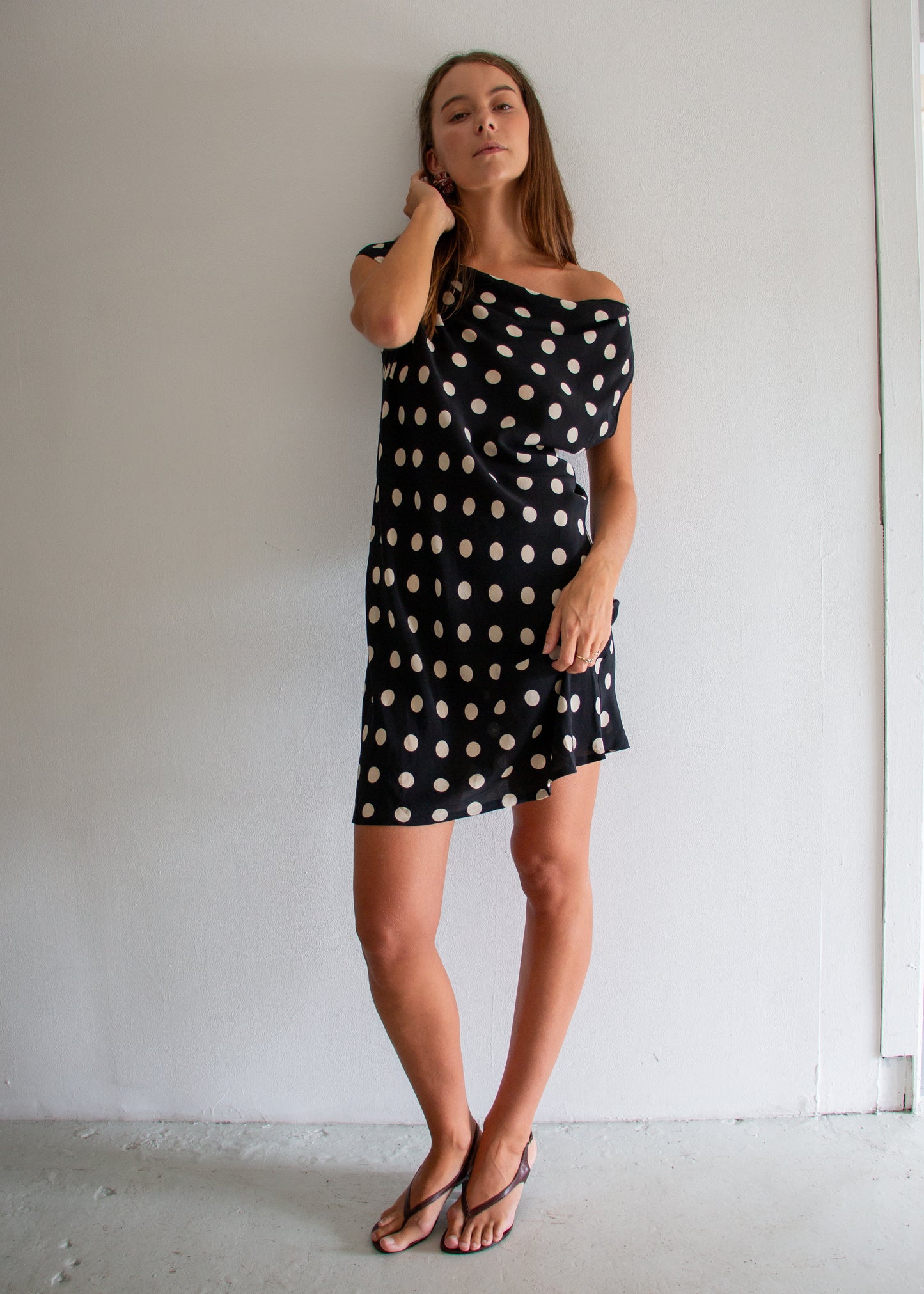 Cowl Neck Midi Dress - Black/Cream Polka