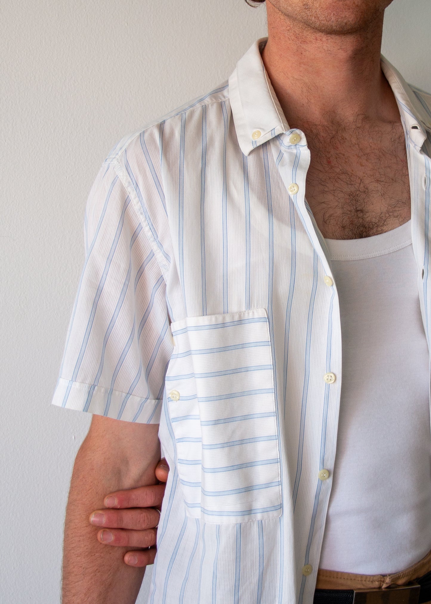 Chemise Mode Double Collar Button Down - White/Blue Stripe