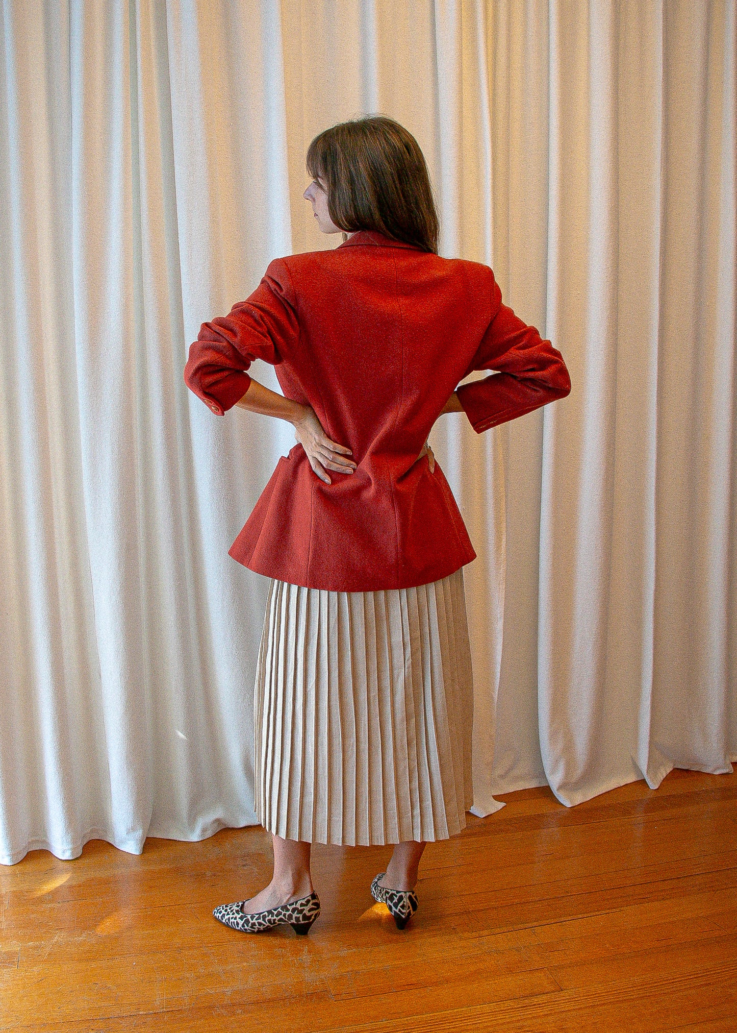 vintage wool blazer red.  back far.