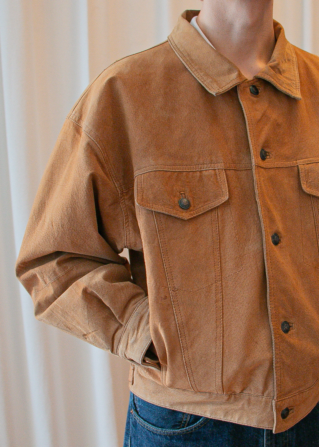  vintage suede leather jacket. front detail.