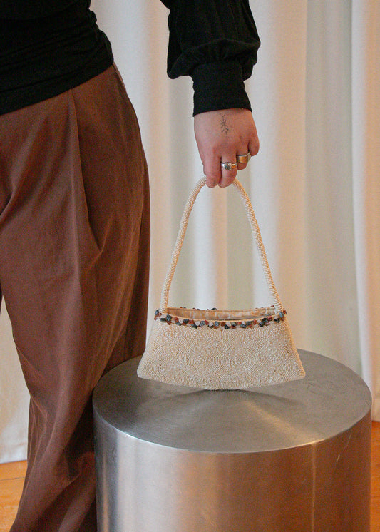 Vintage Beaded Bag with Stones - Cream