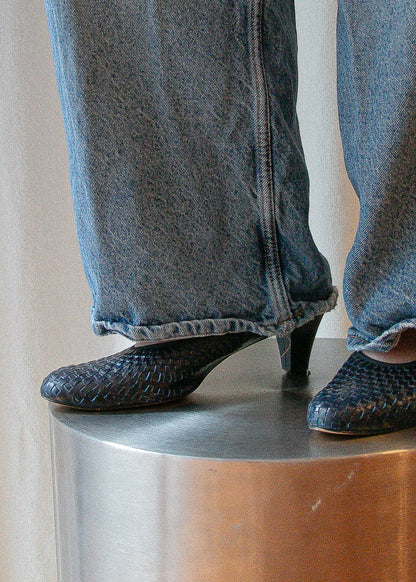 vintage woven navy leather heels. detail.