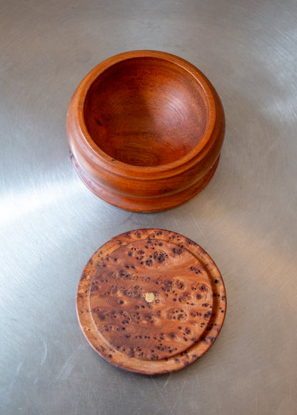 wooden canister vintage. open close up.