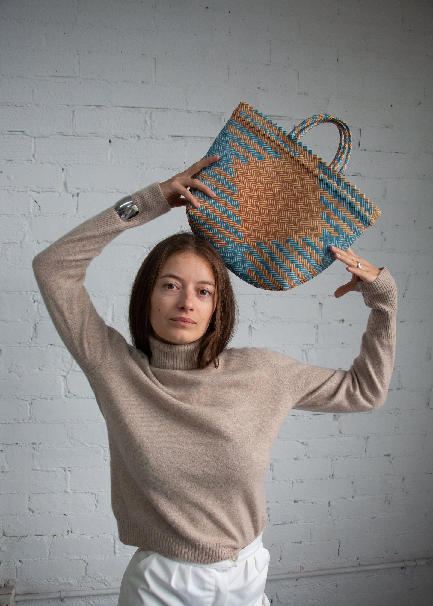 Plastic Woven Bag - Blue/Orange