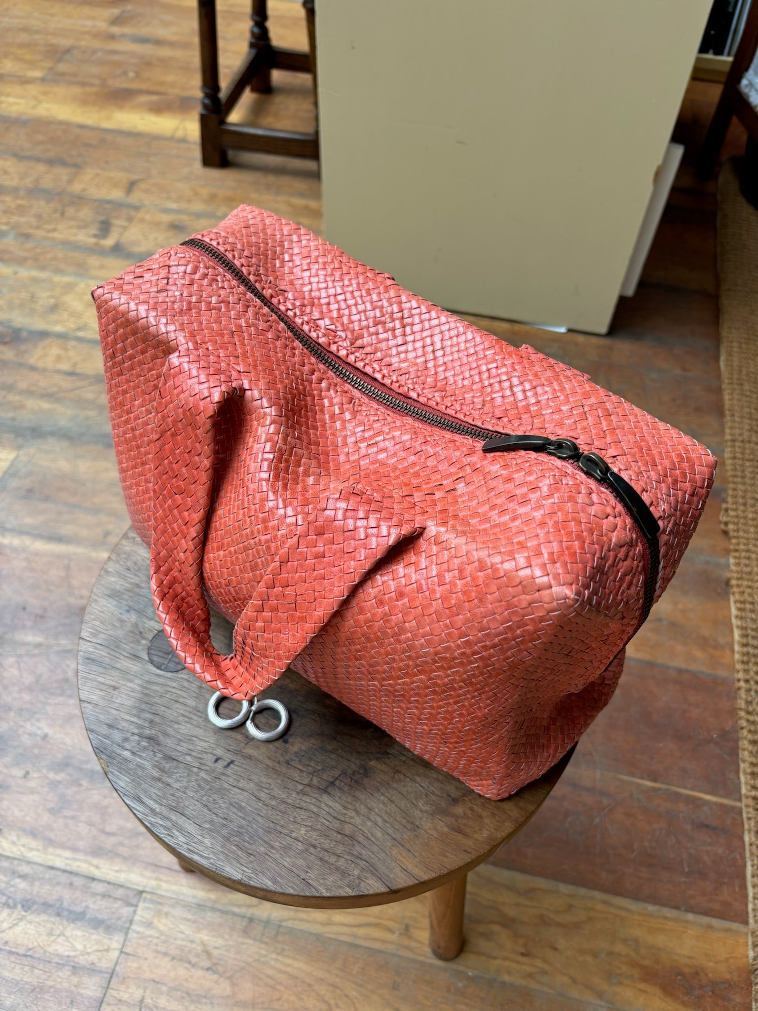 Woven Leather Bag - Coral