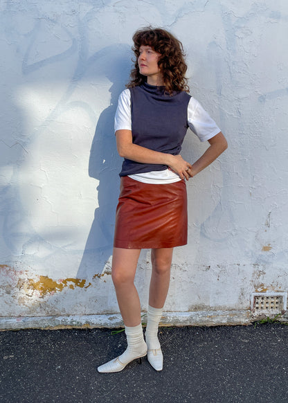 Zip Leather Skirt - Rust