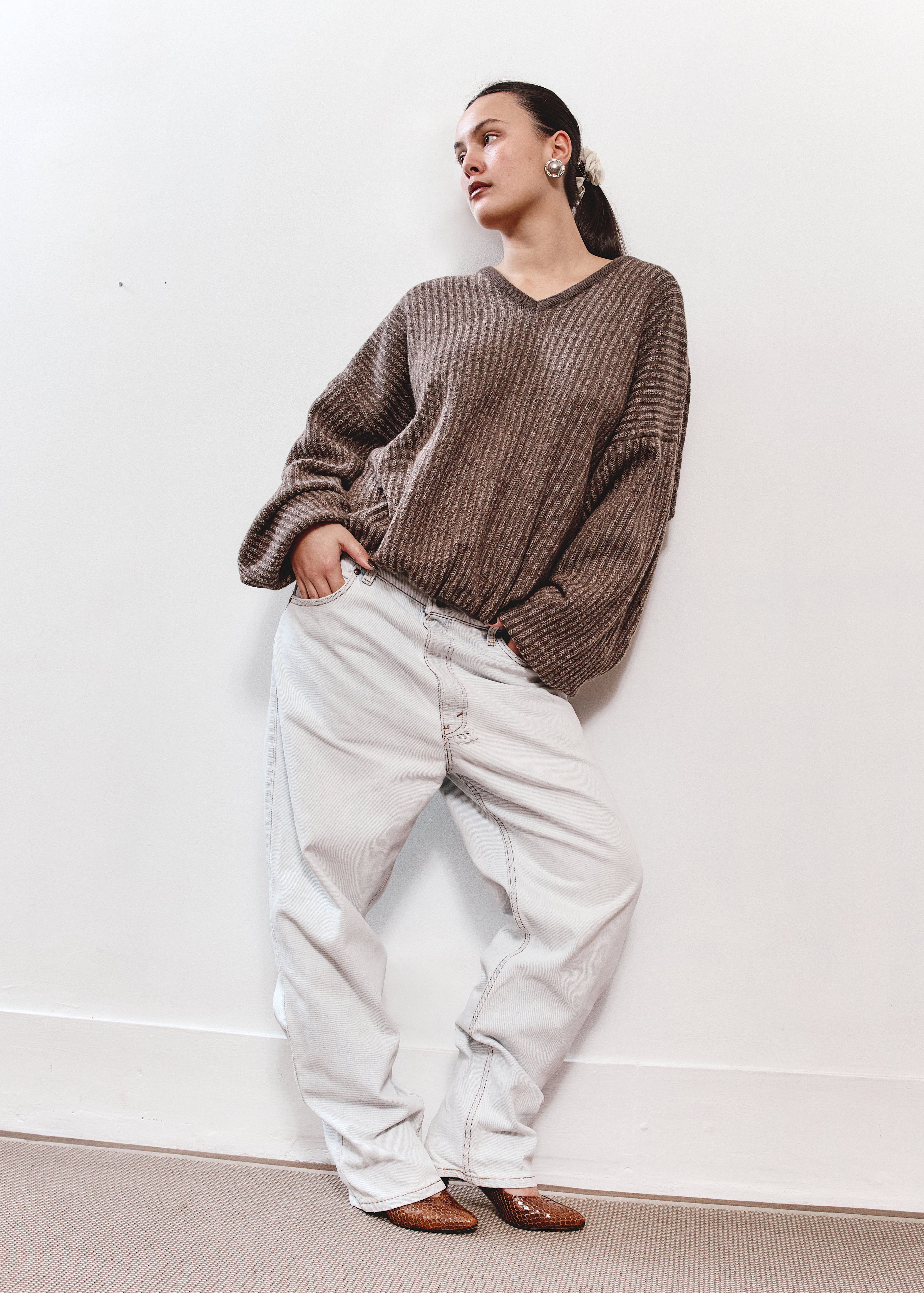 Unique V Neck Knit - Brown Stripe