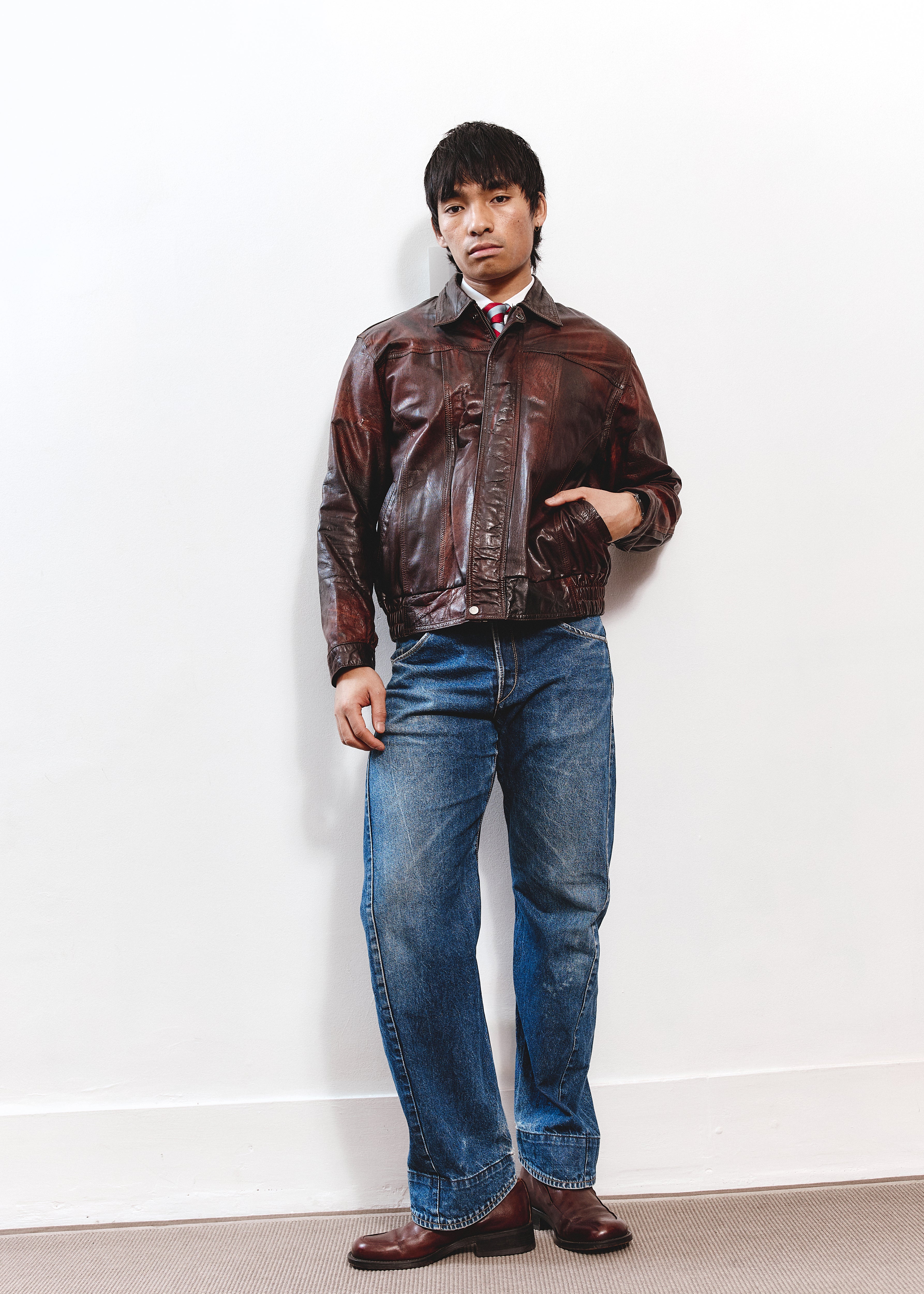 Winter Leather Jacket - Red/Brown